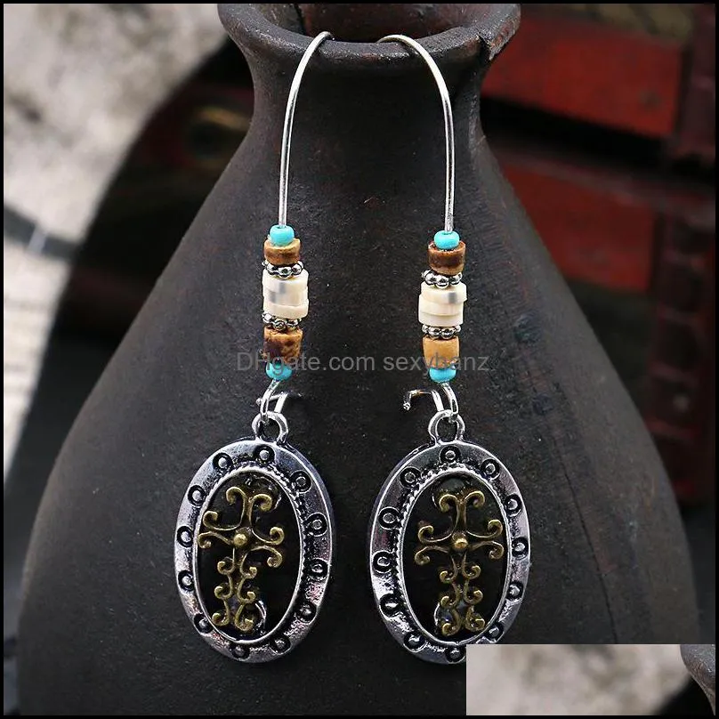 Hot Bohemian Fashion Jewelry Women`s Vintage Earrings Beads Cross Hollow Out Large Ear Hook Dangle Earrings S515