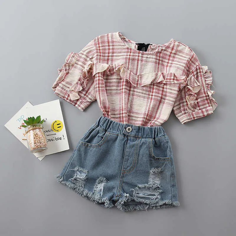 2-7 years High quality girl clothing sets summer casual plaid solid kid children shirt+demin pant 2pcs 210615