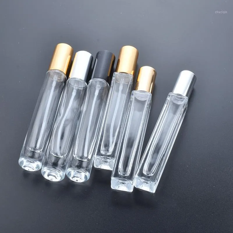 Lagringsflaskor burkar 10st / mycket 10 ml tjock klar glas parfymflaska Högkvalitativ återfyllningsbar sprayförstärkare med svart guld silver lock