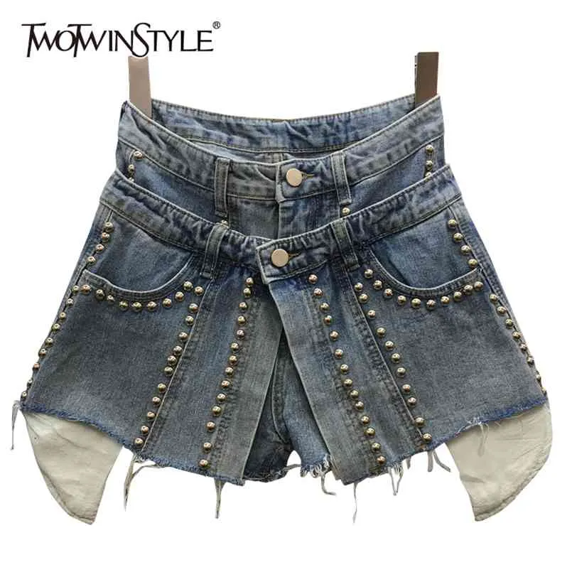 Short jeans falso dois para mulheres cintura alta patchwork rebite shorts casuais roupas da moda feminina verão 210521