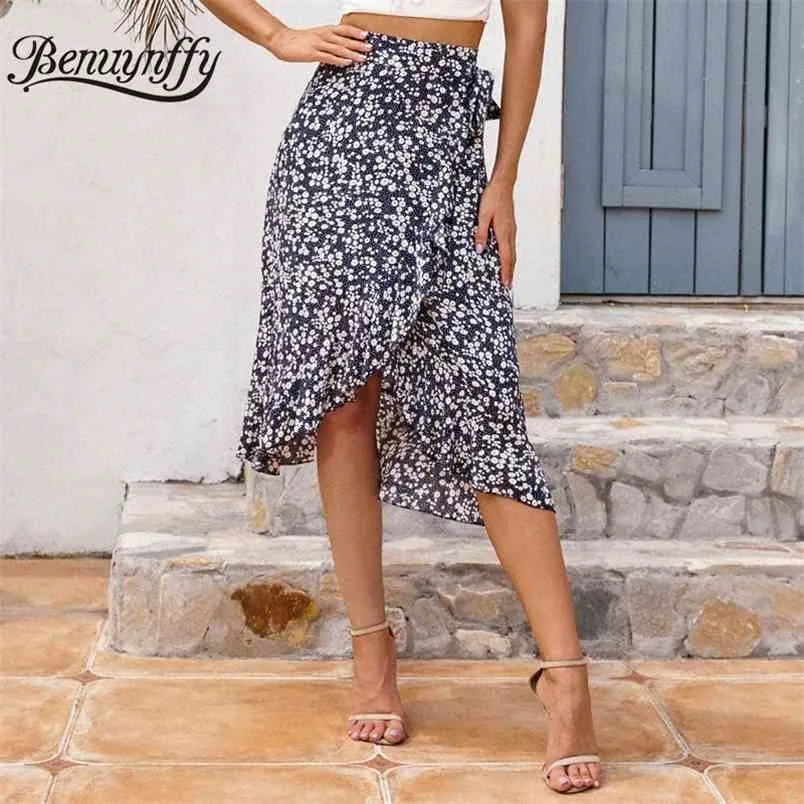 Black Print Bow Tie Wrap Jupes Femmes Vacances Plage Taille haute Asymétrique Ruffle Summer Jupe longue Femme 210510