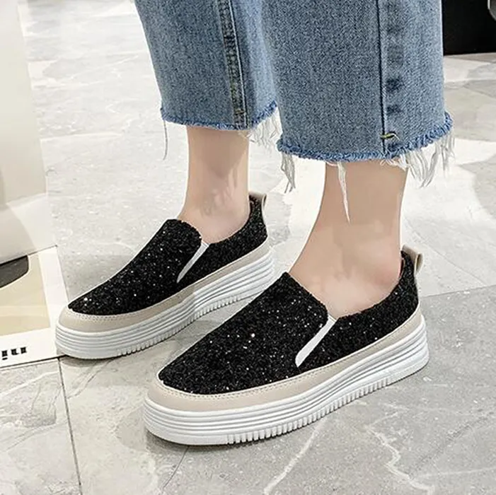 Fashion Brand Loafers Women Dress Shoes Classic Low Tops Platforms Sneakers Popular Black Silver Pink Sequins Glitter Design Outdoor Career Slip-on Casual Trainers