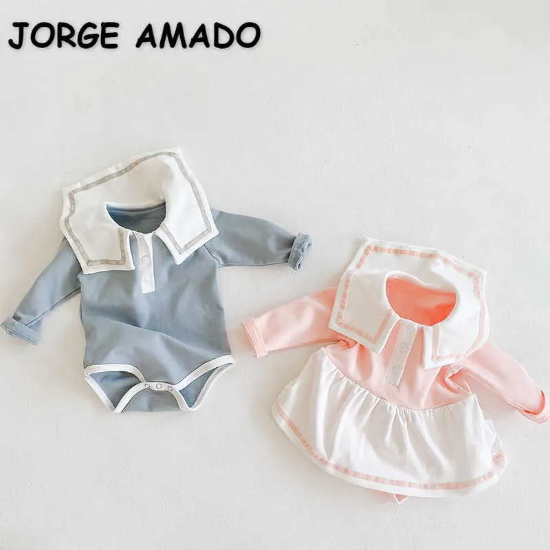 Spring Girl Bodysuit Patchwork Sailor Collar Brother Sister Matching Jumpsuit Children born Cute Style Clothes E2355 210610