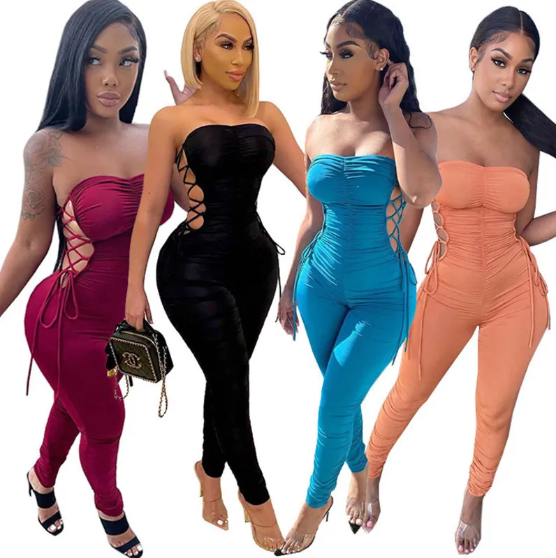 2021 Sexy Jumpsuit Women Rompers Summer New Fashion Casual Pleated Straps Bodysuit 135