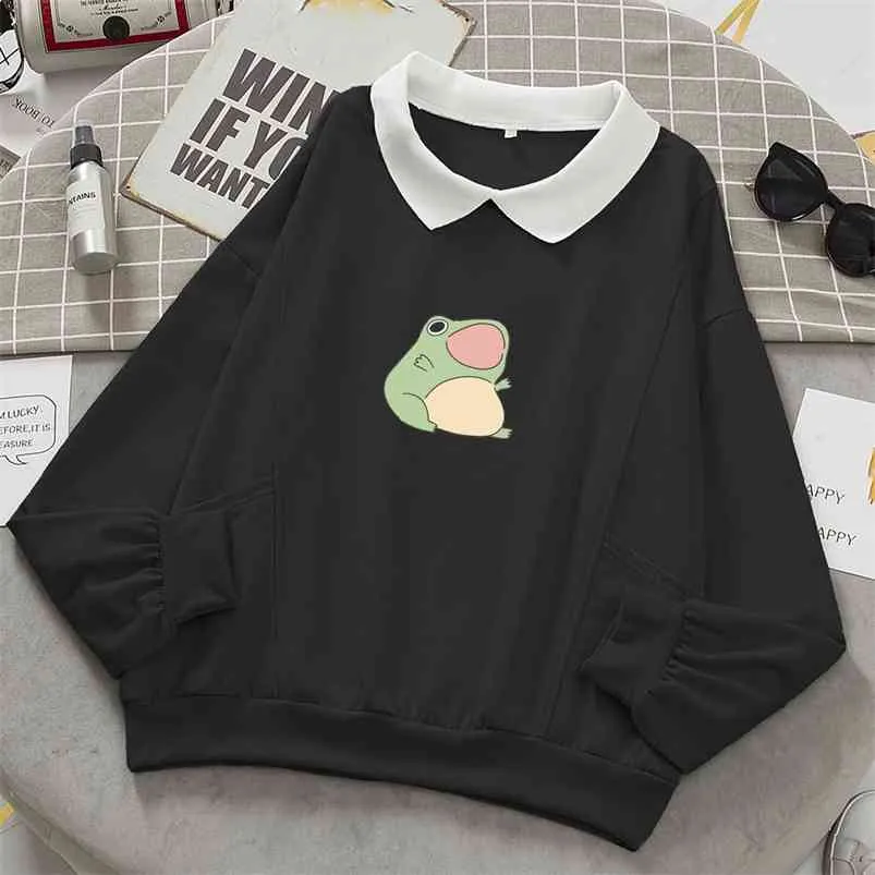 Frog Swearshirt Graphic Aesthetic Oversize Clothes Harajuku Cotton Pullover Feminino Hoodies with Pocket Kawaii Hoodie for Girls 210728