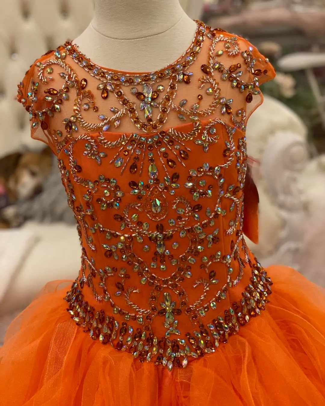 VeraQueen Girls Off-Shoulder Pageant Dress - Beaded Red Orange Princess Ball Gown With Ruffles - View #4