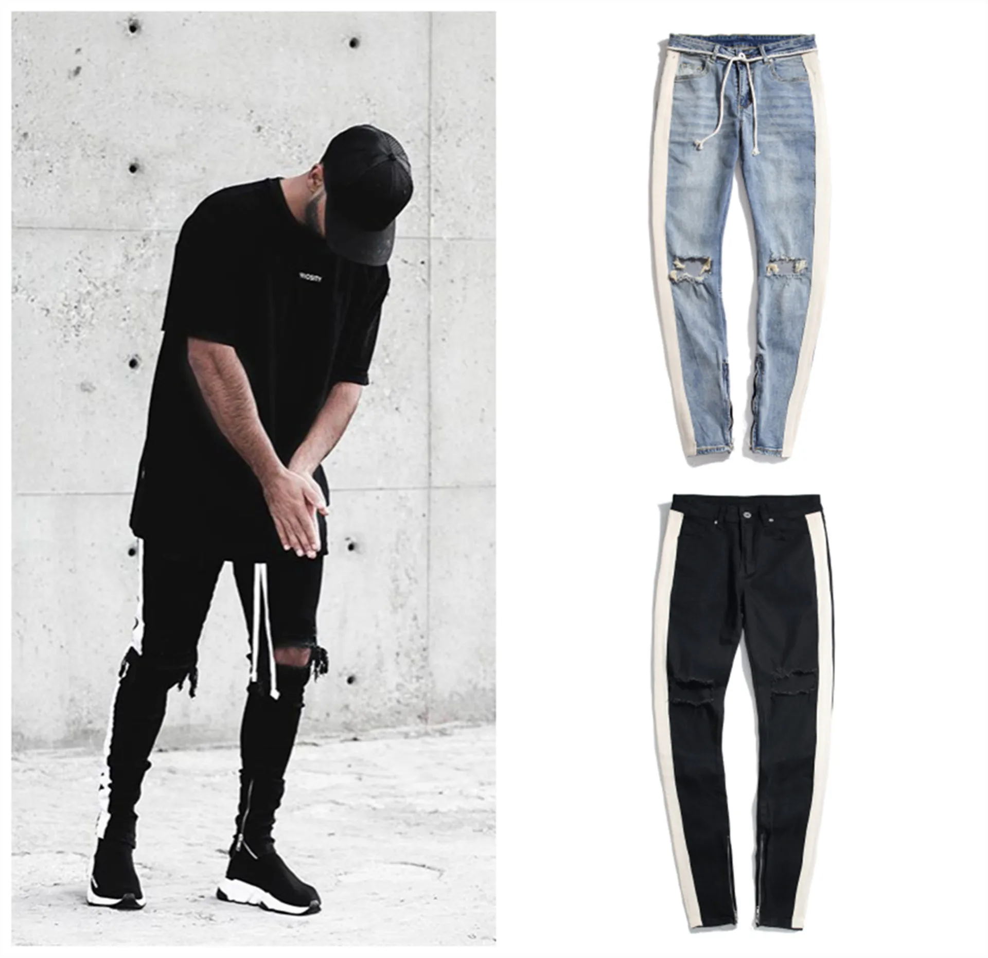 Jeans Homme Côté Stripe Zipper Designer INS Stretch Trou Cassé Noir Bleu Hip Hop Sportswear Taille Élastique Joggers Pantalon Mode Streetwear Pantalon