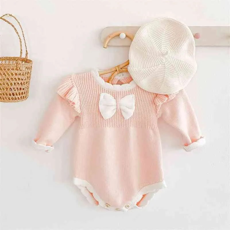 Vår Romper Stickad Bowknot Rompers Långärmad Kläder Bomull Baby Sweater Spädbarn Tjej Jumpsuit 210417