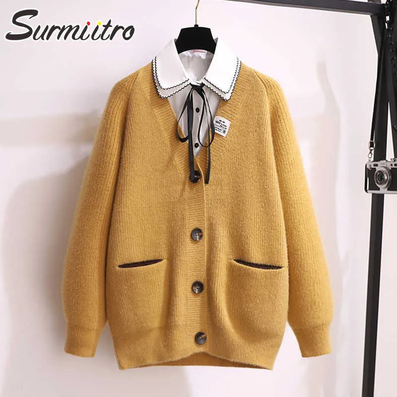 SURMIITRO Autunno Inverno Stile Coreano Dolce Cardigan Donna Maglieria Manica Lunga Maglione Femminile Giacca Lavorata A Maglia Cappotto Giallo 210712