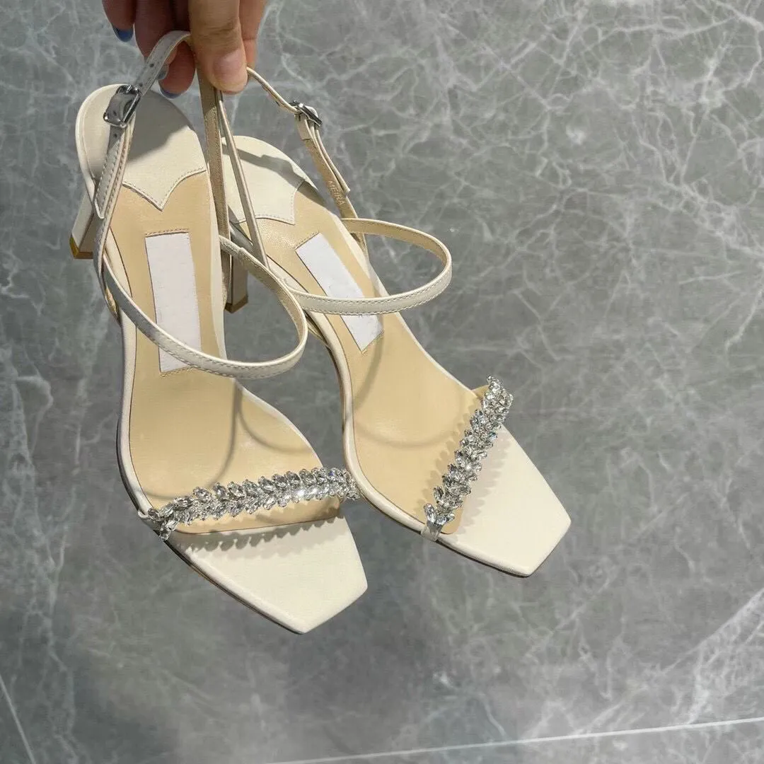 Perfect Nice MEIRA Sandals !! Platinum Ice Dusty Glitter Pumps with Leaf Crystal Strappy Women`s High Heels Brands Party Dress Summer Sandalias