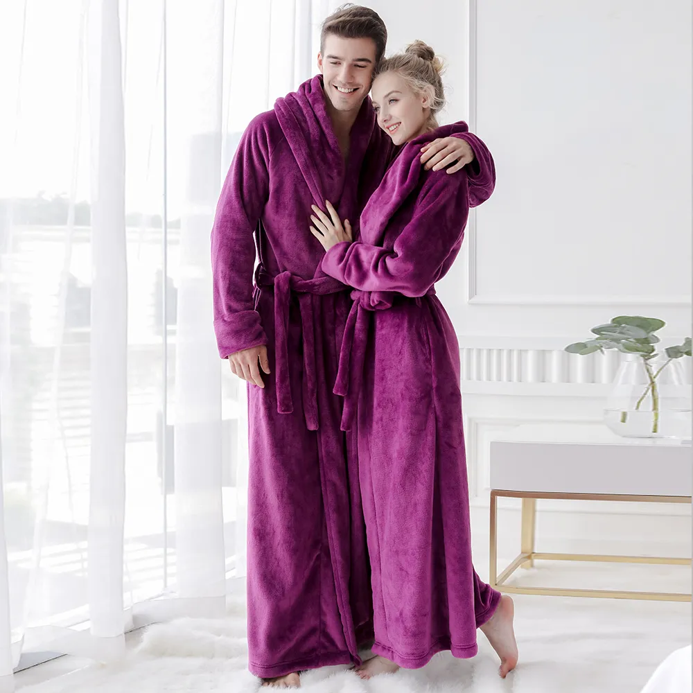 Kvinnor Sleepwear Man Kvinna Vinter Badrock Plus Storlek Golv Längd Soft Flannel Bath Robes Kvinnor Män Tjockad Varm Dubbelrum Klänning