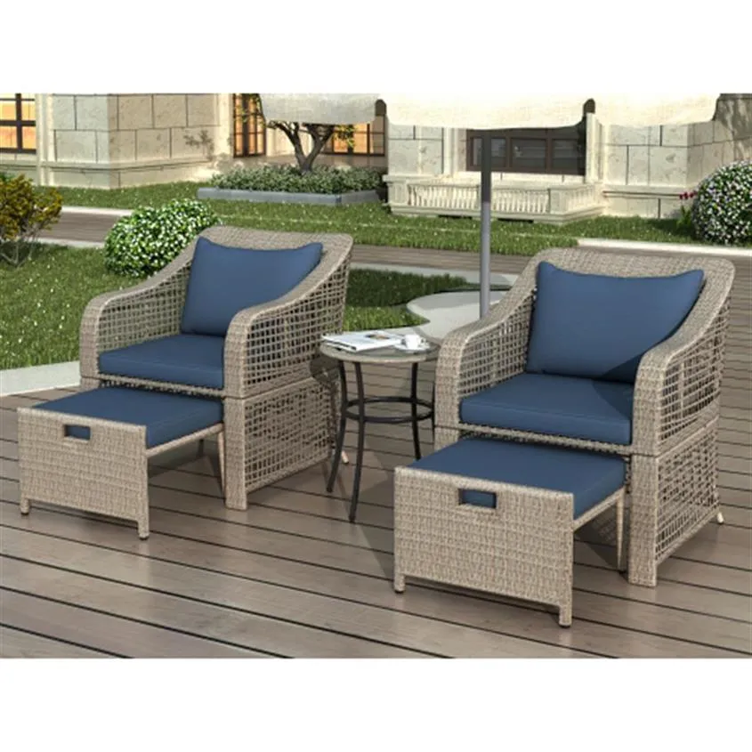 5-piece Outdoor Conversation Set Patio Furniture Set Bistro Rattan Wicker Chairs with Stools and Tempered Glass Table US stock a08 a17