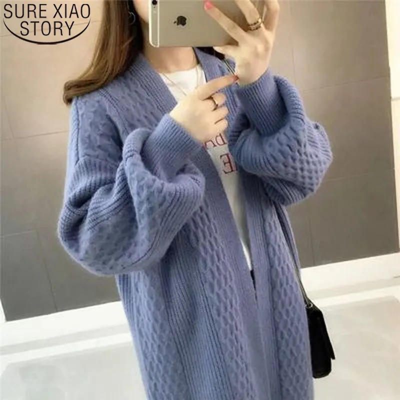 Upadek Kobiety Cardigan V-Neck Rękaw Puff Luźna Kurtka Kurtka Płaszcz Płaszcz Odzież Kobiet Casaul Knitwear Topy 10879 210417