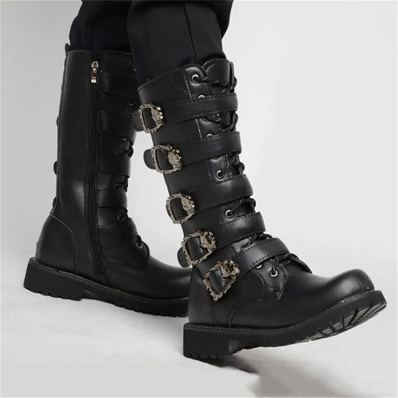 Mäns Läder Motorcykel Stövlar Mid-Calf Militär Combat Gothic Belt Punk Men Shoes Tactical Army Boot 210902