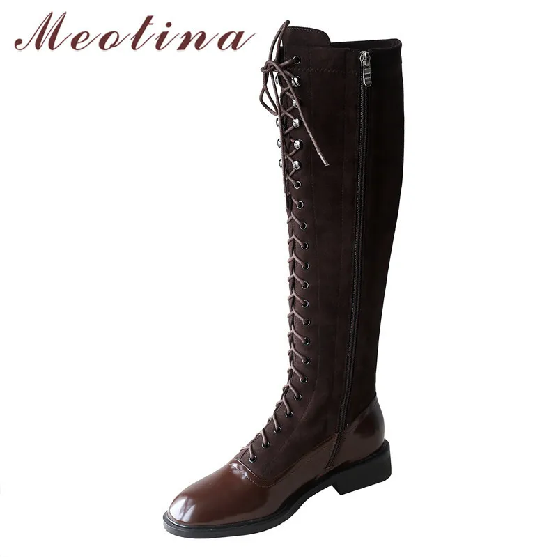 Inverno Stivali Alti Al Ginocchio Donna Naturale Vera Pelle Piatto Lungo Cerniera Punta Rotonda Scarpe Donna Autunno Taglia 34-39 210517