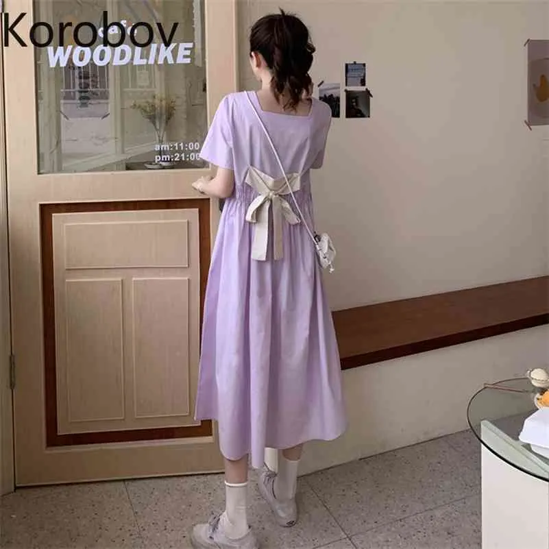 KOBOV Summer Hit Color Patchwork Bow Vestido Sweet Puff Sleeve A-Line Vestidos Vintage Cintura Alta Vestidos Femme 210430