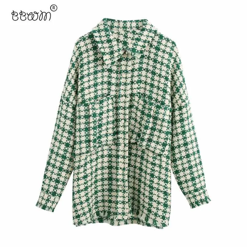 BBWM Stylish Chic Pockets Green Plaid Tweed Jackets Women Fashion Lapel Collar Side Vents Coat Female Chic Outerwear 211109