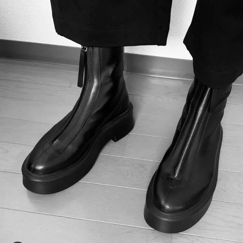 Botas de plataforma de couro liso Chelsea com zíper sem cadarço e salto bloco redondo com cunha plana botas grossas para mulheres fábrica f0154