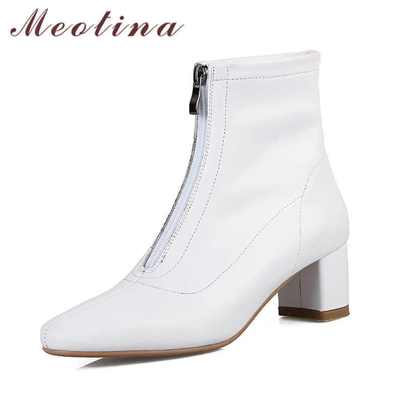 Meotina Women Ankle Boots Shoes Genuine Leather High Heel Short Boots Zipper Chunky Heels Boots Ladies Autumn Black White 210608