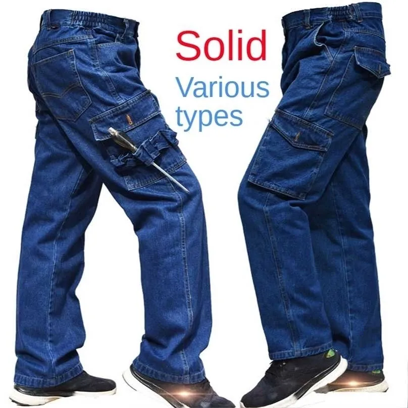 Män arbetar denim arbetsförsäkring Men eldsäkra lösa tjocka slitsträckta smutsbeständiga byxor jeans overaller stora 211111