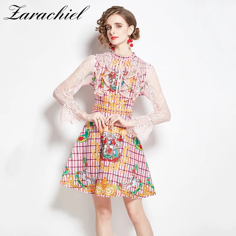 Sommar Sweet Ruffles Lace Patchwork Pink Jacquard Women Flare Sleeve Stand Collar Bow Ribbon Flower Print Mini Dress 210416