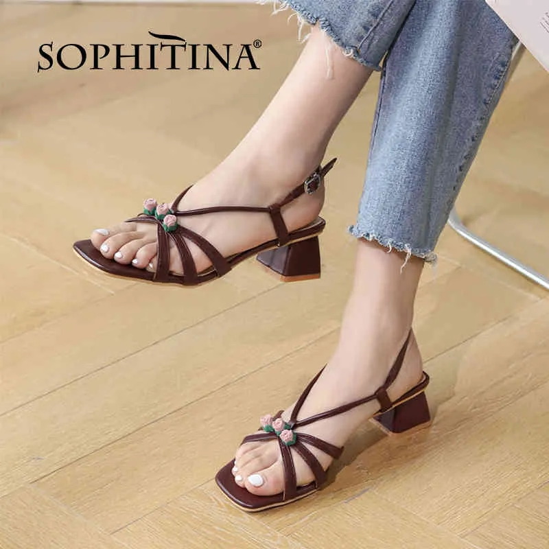 Sophitina Square Heel Mid Rom Blomma Kvinnor Skor Sandaler Sommar Bekväm Dressing Casual Square Toe Back Strap Fo364 210513