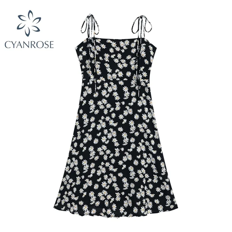 Daisy Print Elegant Slim Klänning Kvinnor Sommar Ärmlös Spaghetti Strap Klänningar Koreansk Söt Sexig Mori Girl Ins Vestidos 210515