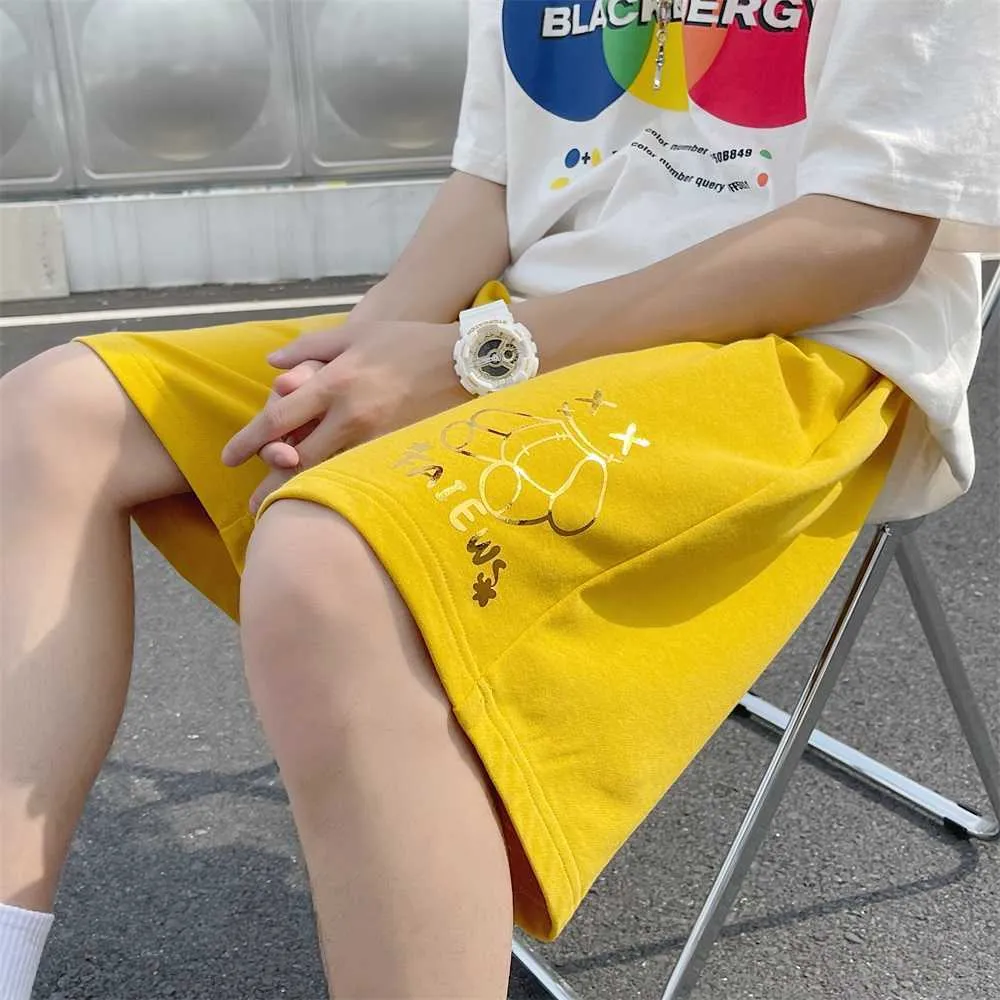 Gold Bears Imprimer Shorts décontractés pour adolescents 2021 Tendances de la mode coréenne Vêtements d'été Hommes Baggy Pantalon de survêtement à jambe droite Streetwear X0705
