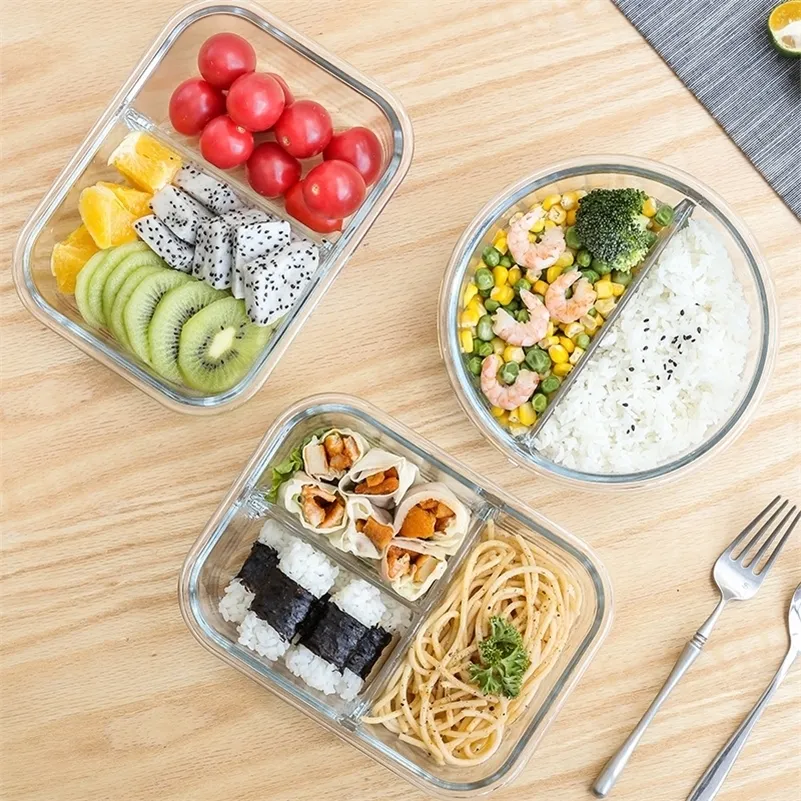 Glass Lunch Box for Office Kids Student Meal Prep Containers Microwave Bento with Compartment Food Eco Leakproof Storage 220216
