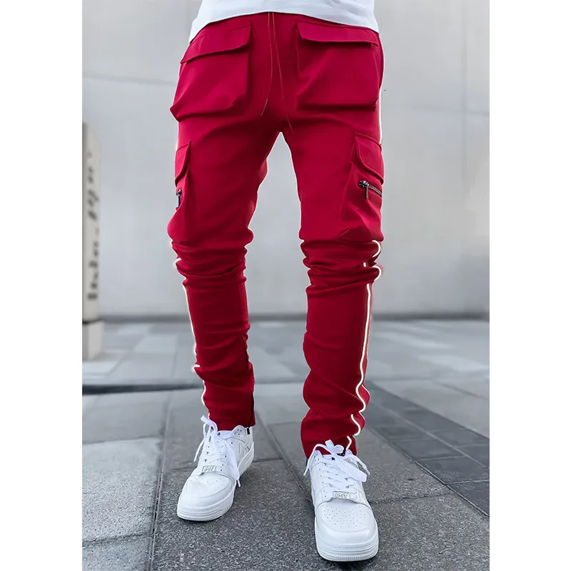 GODLIKEU Spring And Autumn Men's Stretch Multi-Pocket Reflective Straight Sports Fitness Casual Trousers