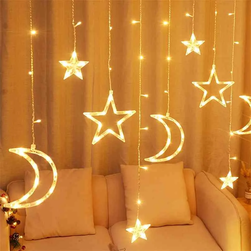 Twinkle Star/Moon Fairy Light Garland 12 Led Curtain String Lights for Bedroom Ramadan Birthday Christmas Indoor Decorations 210925