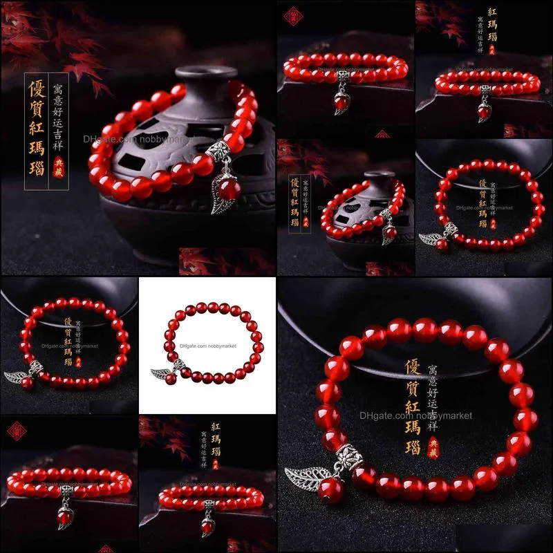 New simple single ring red agate bracelet national style leaf women`s hand string peace Ball Bracelet