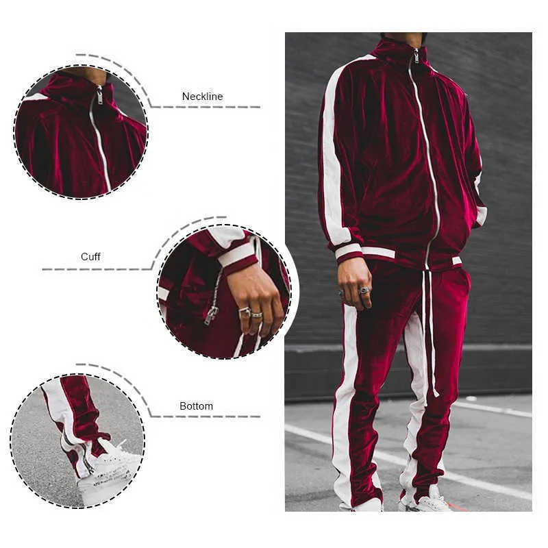 Mężczyźni Joggers Garnitur Zestawy Gold Velvet Dres Man Marka Wiosna Jesień Sport Kostium Męskie Bluzy + Spodnie Ciepłe Odzież sportowa Y0831