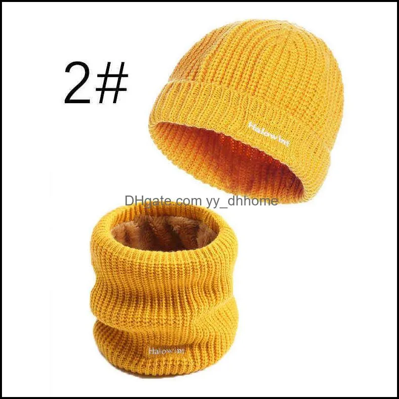 Unisex Set Scarf Hat for Women Winter Fashion Knitted Sd Solid Caps Men Collar Neck Scarves Bandana Thick Warm Female Scarfs 211231