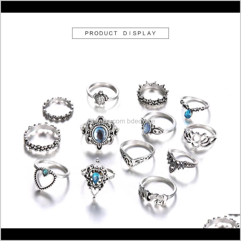  shipping european and american jewelry retro diamond carved crown starry sky gemstone 13-piece combination set ring