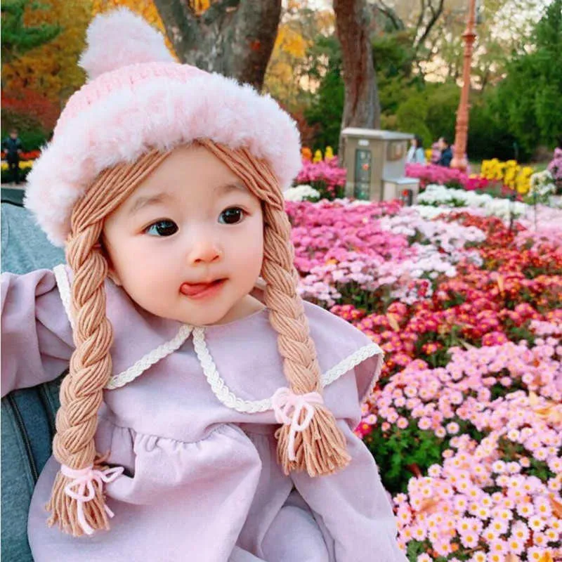 Zima Ciepła Toddler Baby Girl Princess Hat Hair Pigtail Braid Wig Cap Crochet Dzianiny Dzieci Dzieci Dziewczyny Kapelusze Czapki Pluszowa Piłka 210713