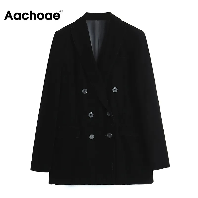 Женский офисный носить черный бархат Blazers двубортный куртка пальто элегантный воротник с длинным рукавом 210413