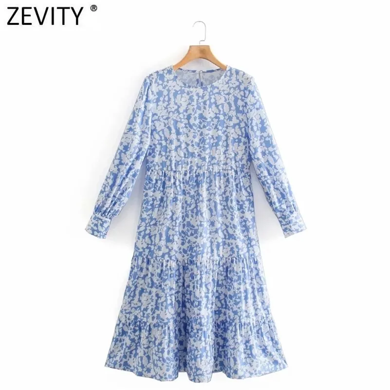 Vrouwen Vintage O Hals Blauw Bloemen Print Midi Jurk Vrouwelijke Chique Lange Mouwen Plezingen Casual Slanke Kimono Vestido DS8157 210416