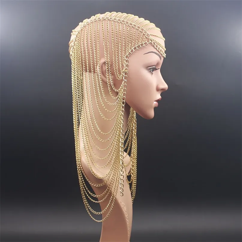 Luksusowy Full Metal Chain Gold Color Długie Tassel Punk Head Jewelry Do Włosów Dla Kobiet Party Wesele Włosy Akcesoria Headpiece 210707