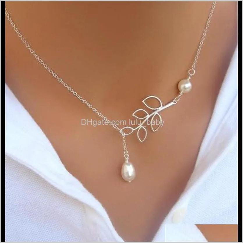 leaf pendant jewelry women pearl leaf pendant necklaces silver plating lady party dress charms infinity chain pearl necklace