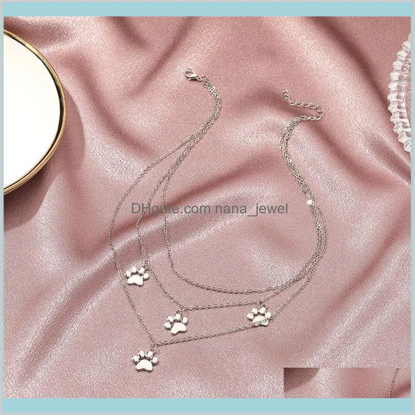 Pendants Jewelry 15Pcslot European Three Layers Animal Footprint Pendant Necklaces Alloy Gold Paw Print Clavicle Chain For Women Dress