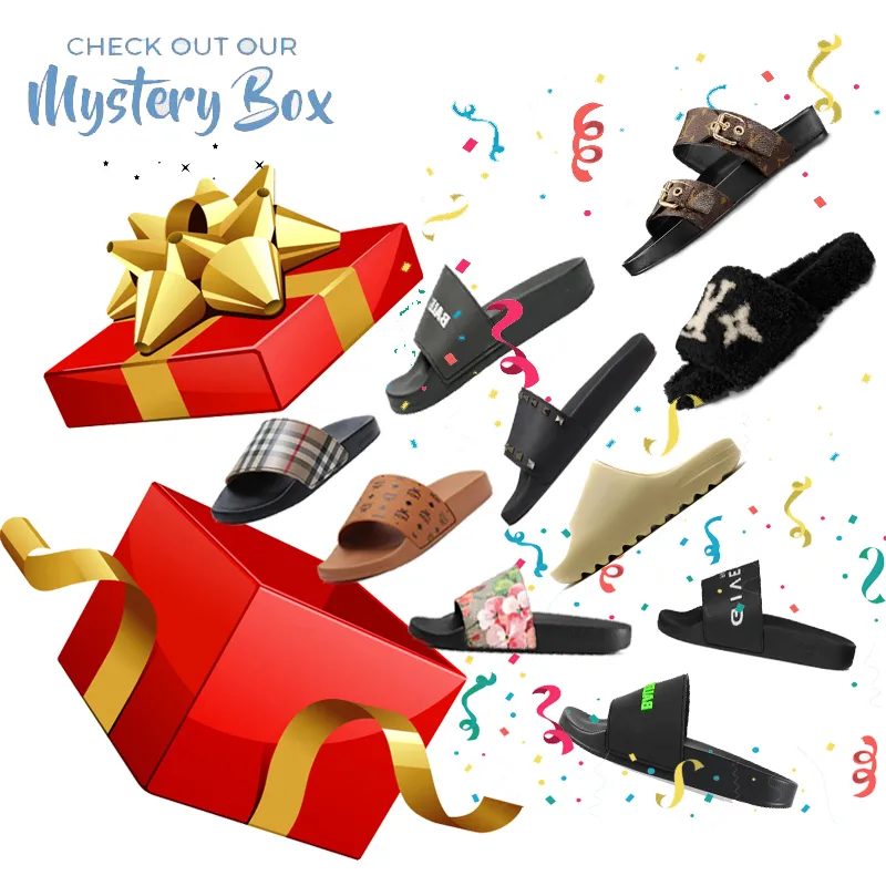 Mystery Box Pantofole da donna da uomo Designer Slide Pelliccia Pantofole di lana Confezione regalo a sorpresa Lucky 100% Schiuma di alta qualità Sandali in pelle con ricamo