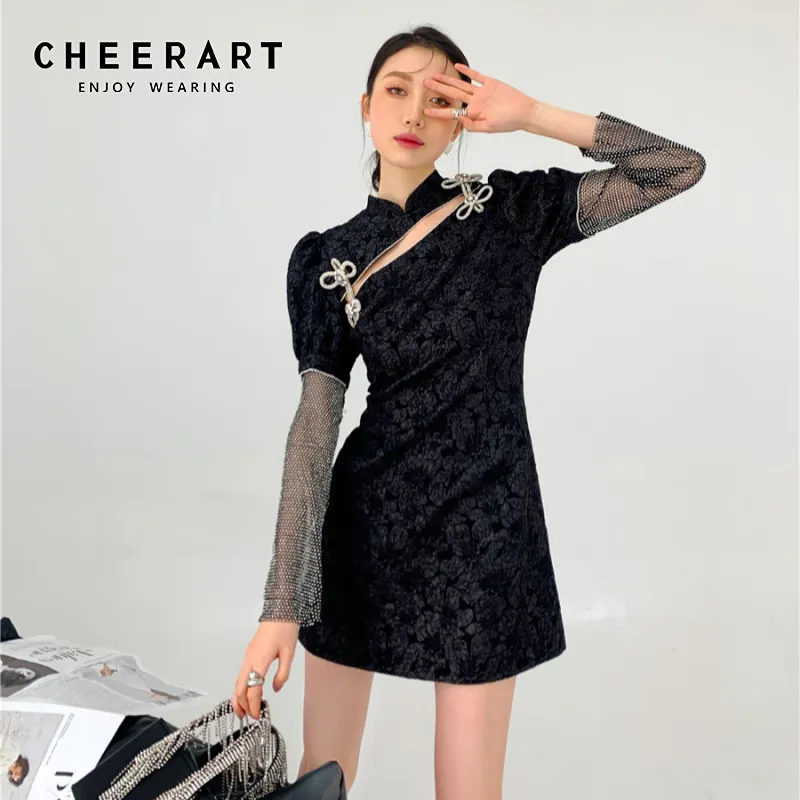 Cheongsam Hollow Out Blqck Mini Dress Women Puff Sleeve Tunic A Line Rhinestone Bow Long Ladies Desinger 210427