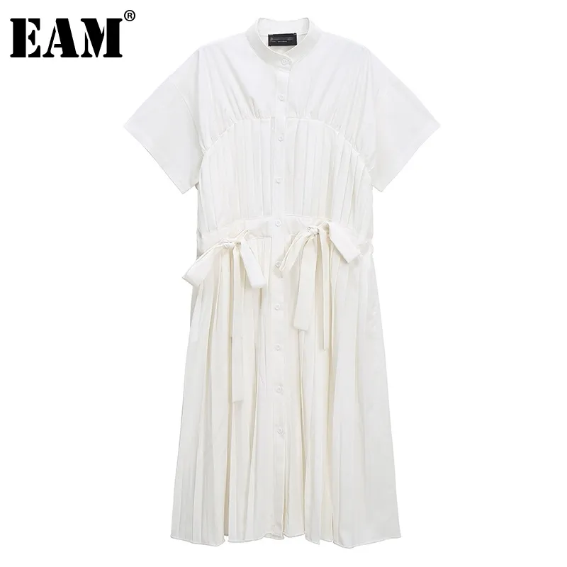 [EAM]女性ホワイトビッグサイズ弓プリーツシャツドレスラペル半袖ルーズフィットファッションスプリングサマー1DD7523 210512