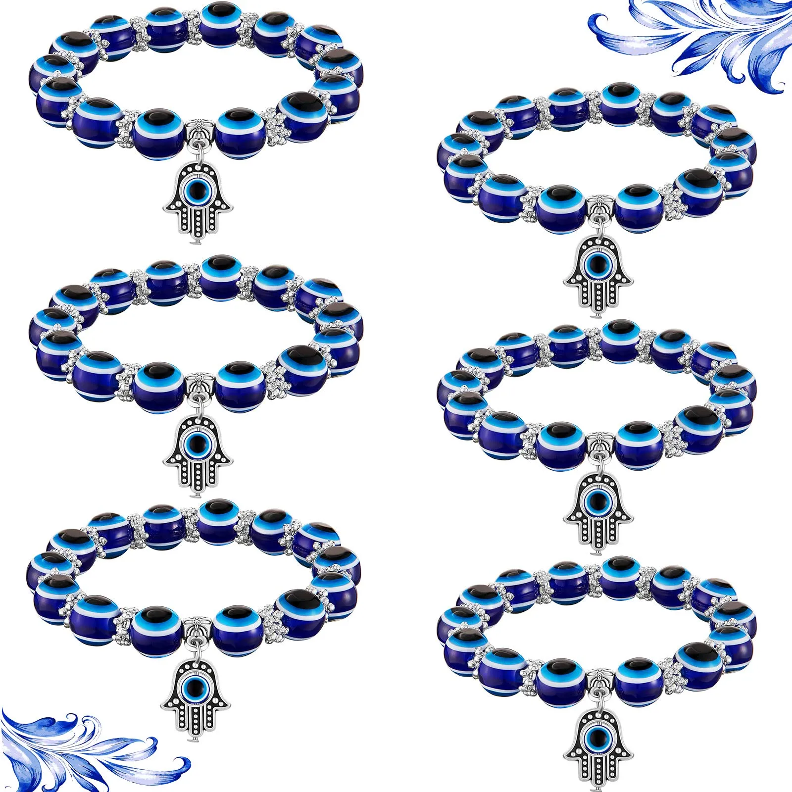 Mode Zilveren Kleur Streng Armband Evil Blue Eye Hand Palm Armbanden voor Vrouwen Kralen Ketting Vintage Sieraden Vrouwelijke Geschenken