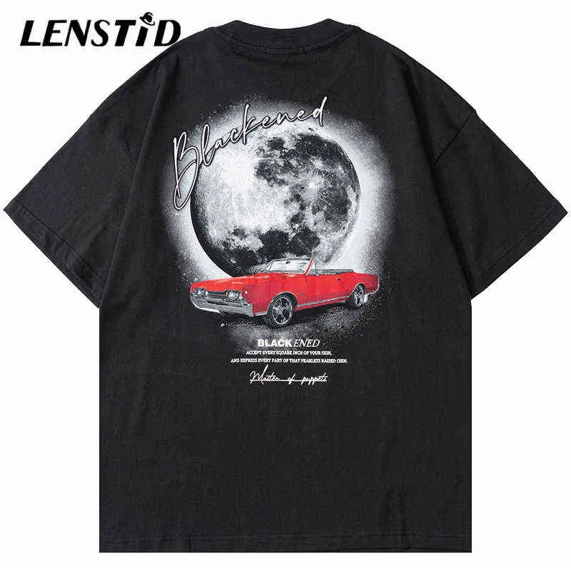 Lenstid Letnie Mężczyźni Oversize Krótki Rękaw Tshirts Hip Hop Car List Ziemia Drukuj 2022 Streetwear Harajuku Casual Cotton Topy Tees G1217