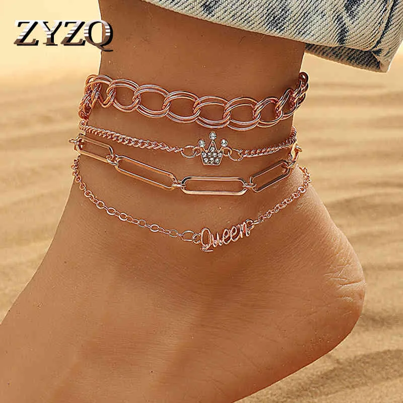 Zyzq 4 stks / set eenvoudige hartvormige enkels voor strand voet been ketting multi-layer enkel armbanden vrouwen sieraden