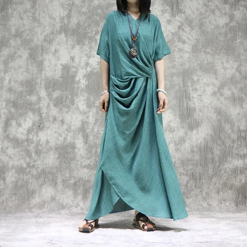 Johnature Summer Cotton Linen Solid Color V-neck Short Sleeve Irregular Pleated Dresses Simple Comfortable Women Dress 210521