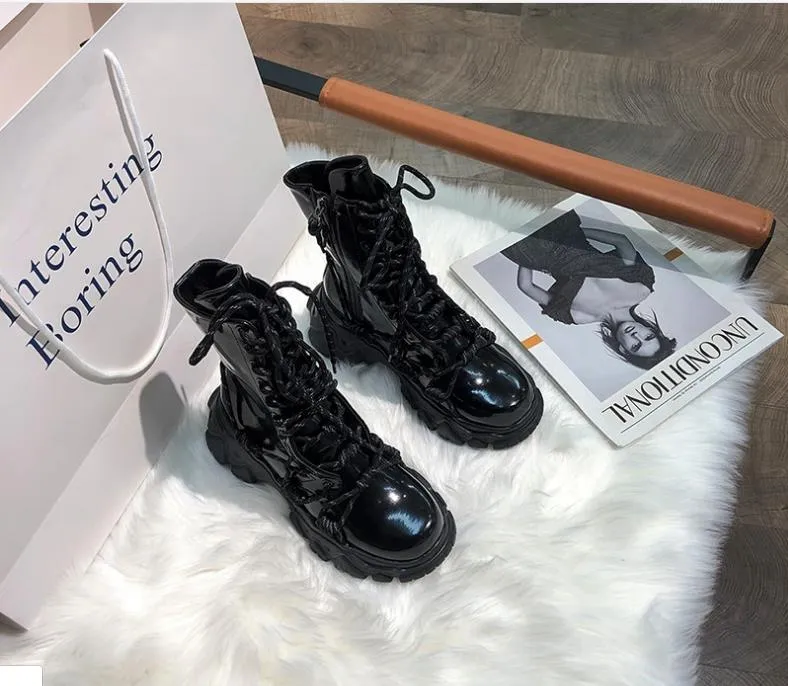 Boots Black Punk Style Platform Women Ankle 2021 Fashion Cross Strap Chunky Heels Woman Waterproof Pu Leather Shoes