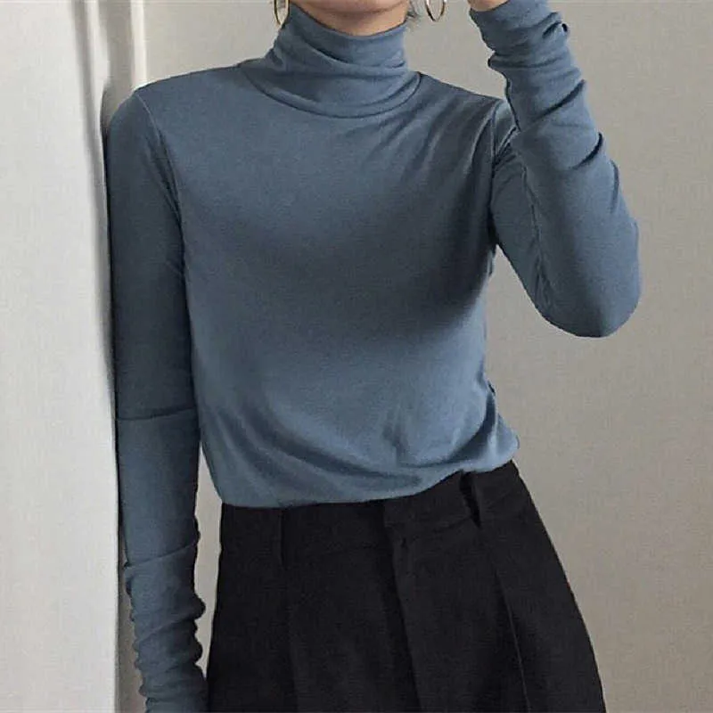 harajuku Solid Bottoming t Shirt Women Spring Autumn Tee Shirts Korean Turtleneck Slim Long Sleeve Black White T-shirts 90s tops Y0629